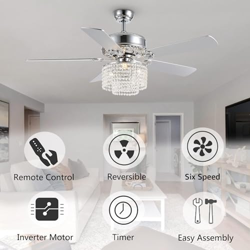 Moooni 52 Inch Modern Reversible Chandelier Fan with Lights and Remote, Elegant Crystal Fandelier Ceiling Light KIt for Bedroom Dining Room Silver