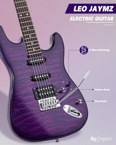 Leo Jaymz 39" Full Size ST Style Electric Guitar Starter Kit with SSH Pickup, 5W Portable Amp, Tuner, Gig Bag, Strap & Accessories (Violet Ocean)