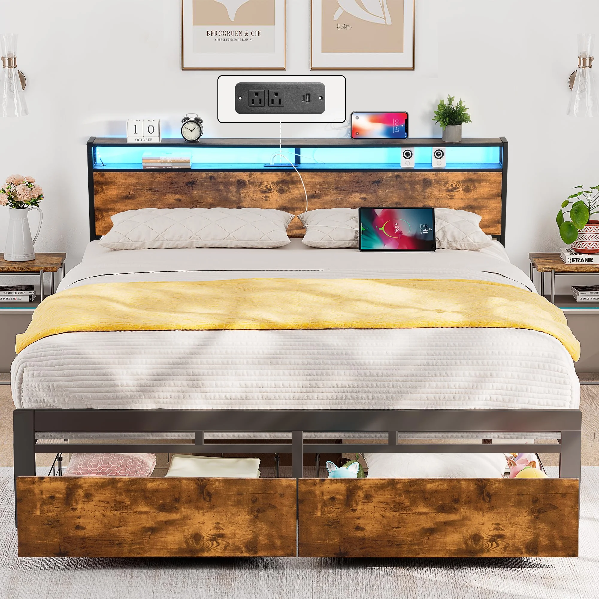 Full Size Bed Frame with Storage Headboard Charging Station USB Outlet