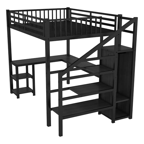 JYH Full Size Metal Loft Bed with L-Shaped Desk and USB Port, Heavy Duty Loft Bed Frame with Wardrobe and Shelf