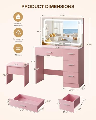 Vanity Desk with LED Mirror, Makeup Vanity with Drawer and Cushion Stool, Dressing Table for Bedrrom, White