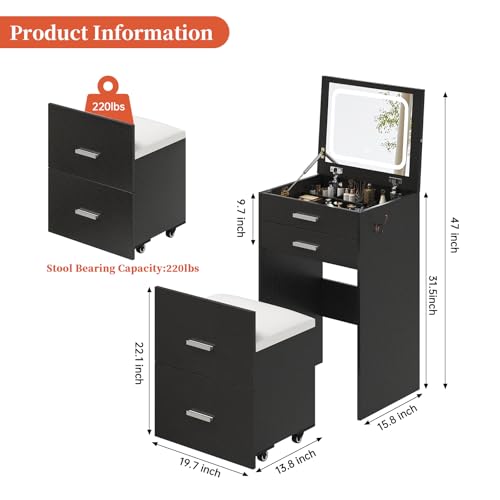 Compact Vanity with 3 Drawers, 3 in 1 Vanity Desk, Makeup Desk with Flip-up 3 Colors Lighting Mirror and Cushioned Stool