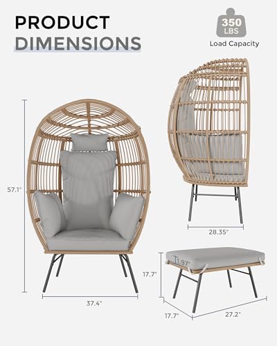 Oversize Wicker Egg Chair with 4 Comfy Cushions, Big Egg Shaped Lounger with Ottoman, Rattan Reading Chairs for Indoor Outdoor Patio Porch Backyard
