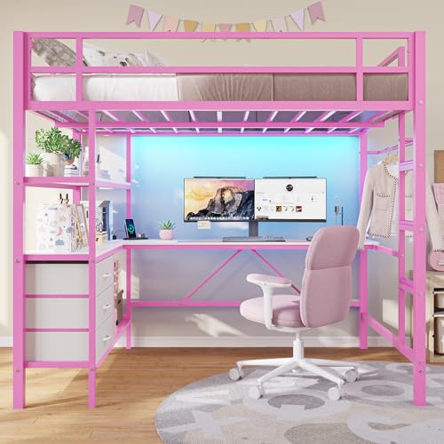 DICTAC Loft Bed Full Size with L-Shaped Desk and Charging Station Full Metal Bed Frame with LED Lights,Open Shelves and 3 Fabric Storage Drawers