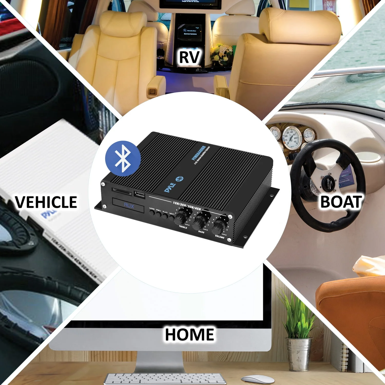 Pyle 400 Watt 4-Channel BT Marine Amplifier Weather Resistant cordfree Audio Amp System with MP3/USB/SD Readers, Black