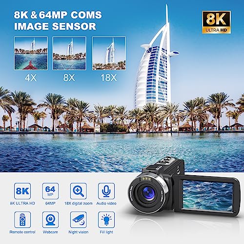 8K 64MP Video Camera 18X Digital Camcorder Video Camera for YouTube 3.0 inch Flip Screen Camcorder Vlogging Camera with 32GB SD Card