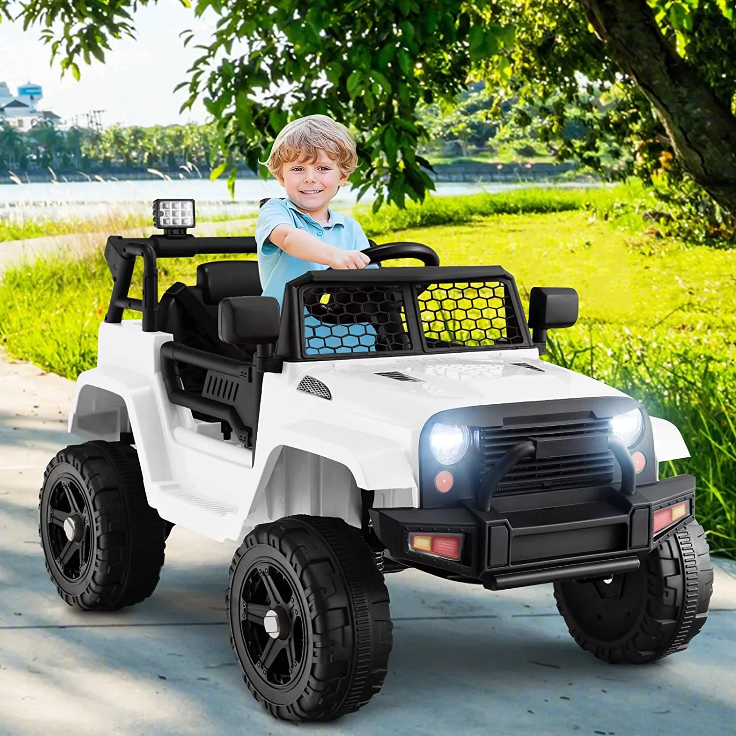 OLAKIDS Kids Ride On Truck, 12V Electric Vehicle Jeep Car with Remote Control, Toddlers Battery Powered Toy with 2 Speeds, Spring Suspension