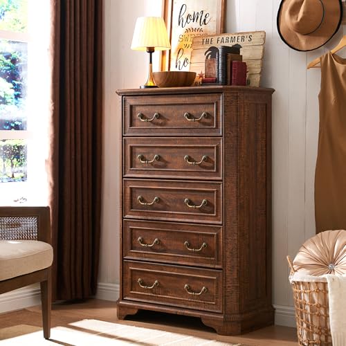 T4TREAM Farmhouse 5 Drawers Dresser for Bedroom, 48" Tall Wood Rustic Chest of Drawers with Natural Texture, Vintage Design