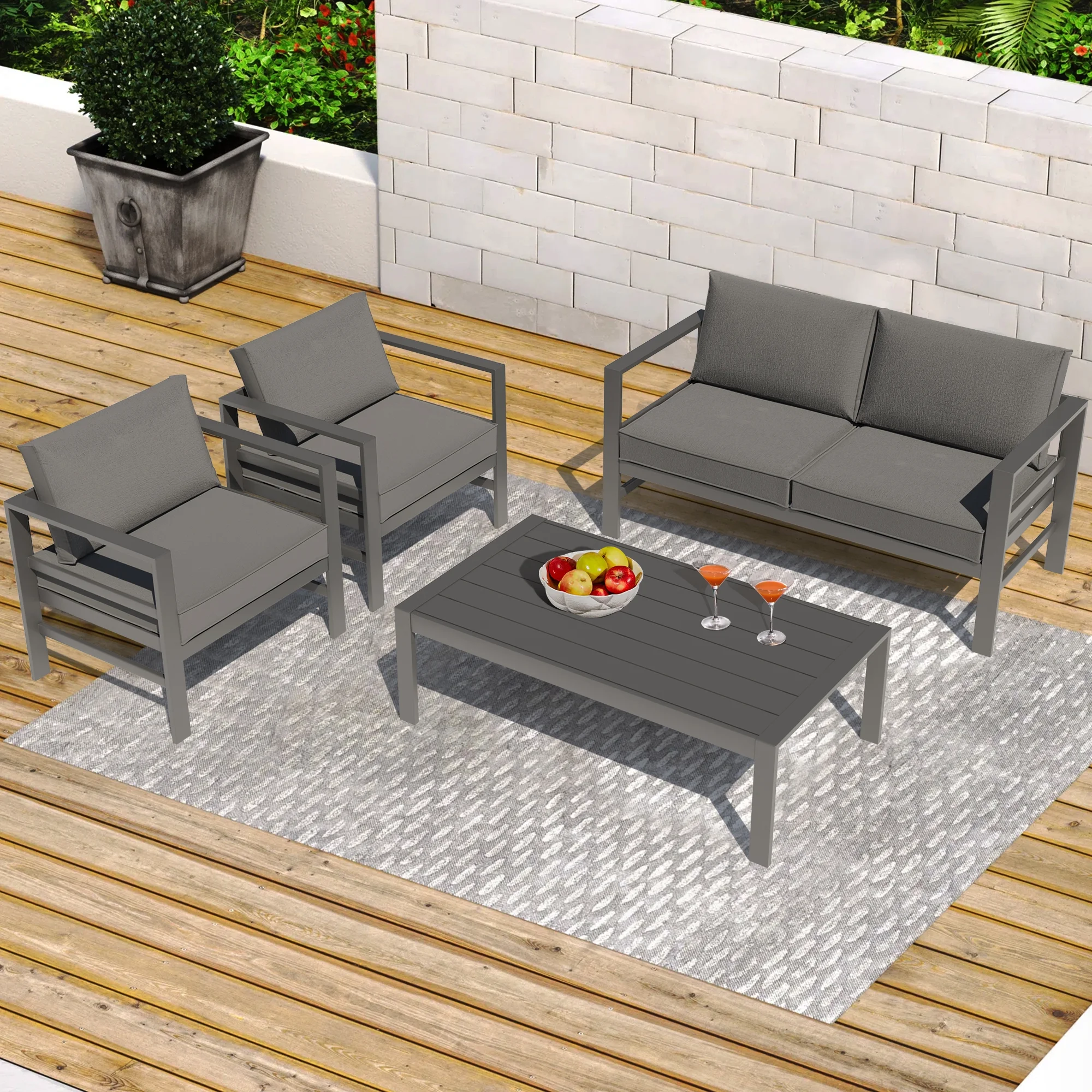 4 Pieces Cast Aluminum Outdoor Patio Furniture Set, Gray Modern Patio Conversation Sofa Set, Gray