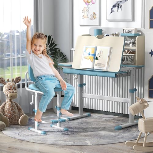 HONEY JOY Kids Desk, Children School Study Desk w/ 7-Level Tiltable Desktop, Height Adjustable Table w/Bookshelf, Pull-Out Drawer & Pen Holder