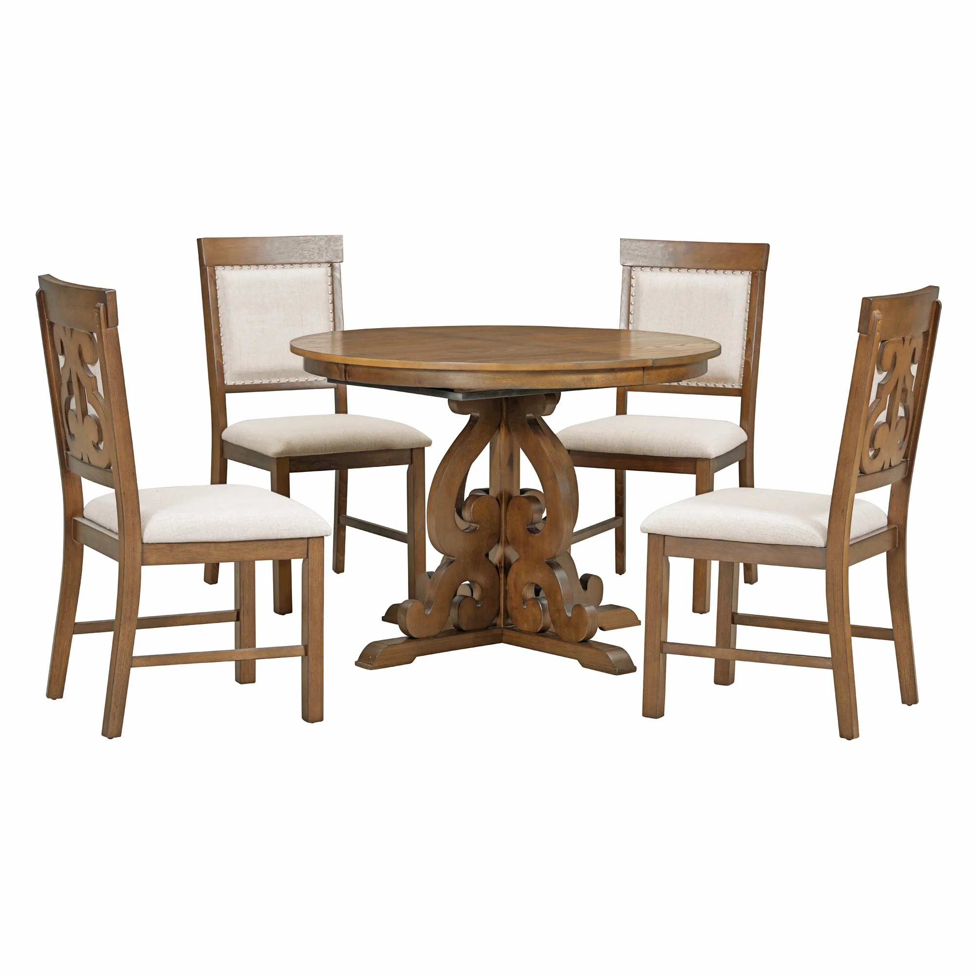 Dining Table Set for 4, Atumon Dining Room Set with Extendable Round Table and 4 Upholstered Dining Chairs
