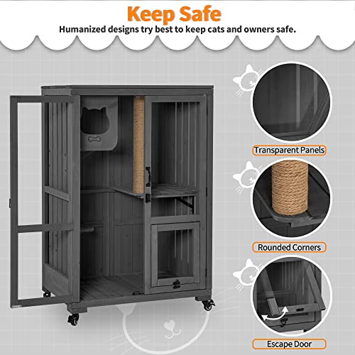 MCombo Luxury Cat House with Scratching Post, Wooden Multi Feature Large Cat Condo with Escape Door and Wheels
