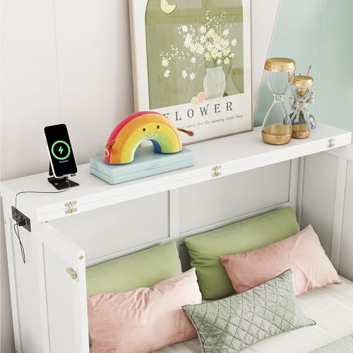KEIKI Full Size Cabinet Murphy Bed with Charging Station and Drawers, Multiple Storage Foldable Hideaway Wall Murphy Bed Frame with Solid Slats
