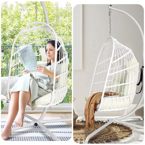 Chihee Egg Chair Foldable Wicker Rattan Hanging Chair Swing Chair Indoor Outdoor Patio Wicker Chair Hammock Chair with Stainless Steel Hanging Kit