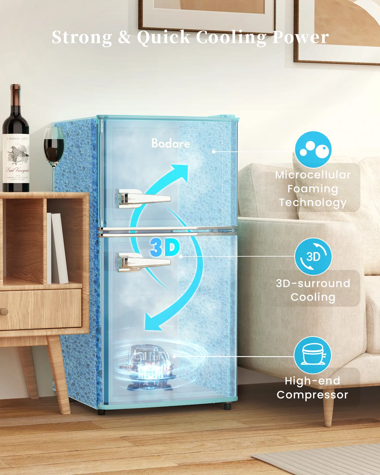 Bodare Retro Mini Fridge with Freezer: 3.2 Cu.Ft Mini Refrigerator with 2 Doors - Small Refrigerator Energy-Saving Compact Refrigerator