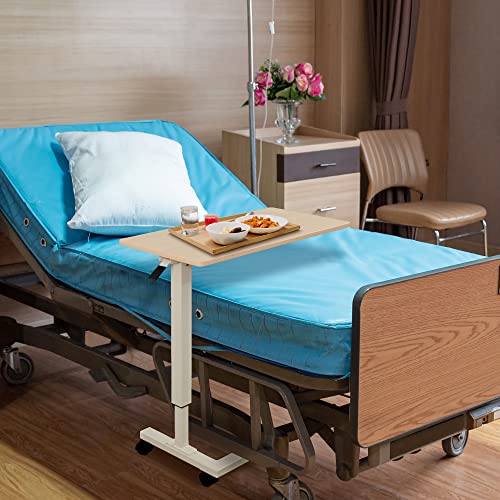 Medacure Hospital Bed Table, Light Oak - Overbed Table with Wheels & Adjustable Height - Food, Laptop, and Reading Overbed Desk