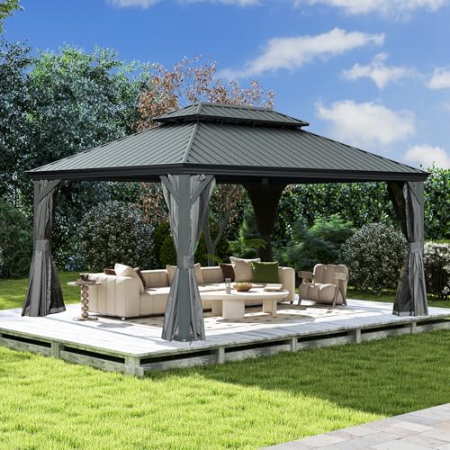 Domi 10’ x 10’ Hardtop Gazebo Metal Frame Canopy with Netting & Curtains