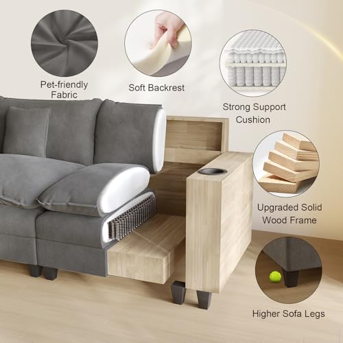 Modular Sectional Sofa, Cloud Couch with Ottoman, Charging Station, Throw Pillows, Cup Holders, Modern Convertible U Shaped Couches for Living Room