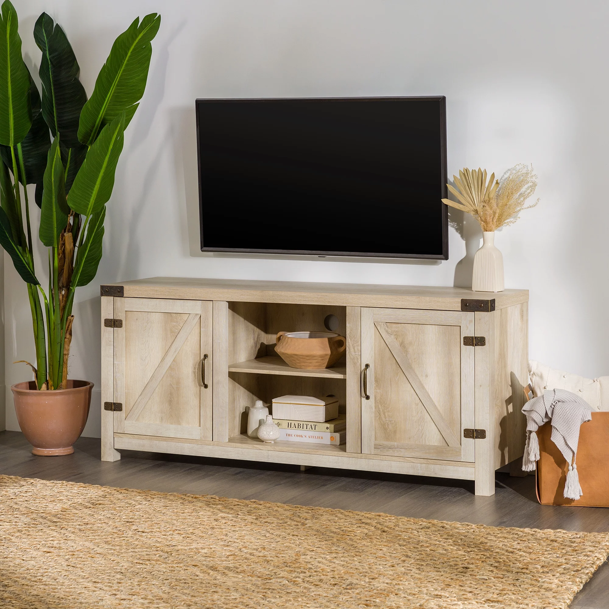 Walker Edison Modern Farmhouse Barn Door TV Stand for TVs up to 65, Grey Wash