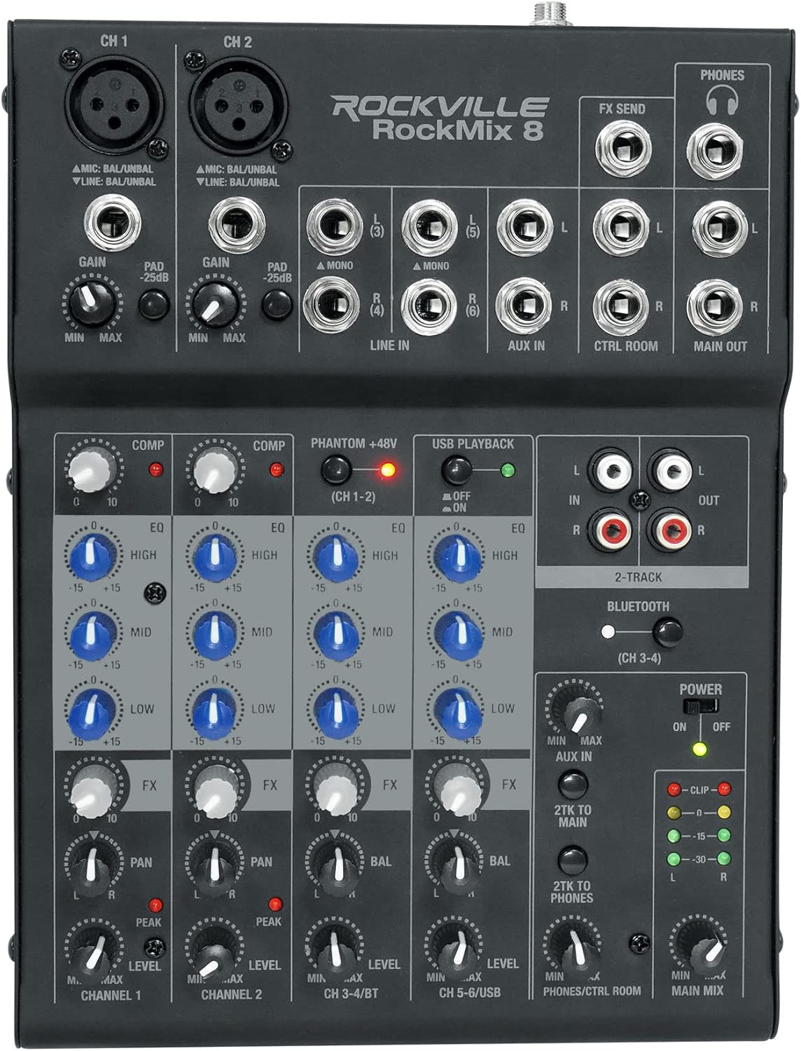 Rockville ROCKMIX 8 Channel Mixer w USB Recording Interface+Compressor+Bluetooth