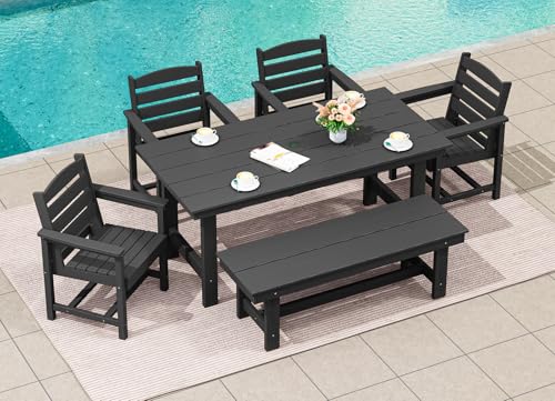 SERWALL Outdoor HDPE Dining Table Set, 7-Piece Outdoor Dining Table Sets with Umbrella Hole Cut-Out Table and 6 Chairs, Gray