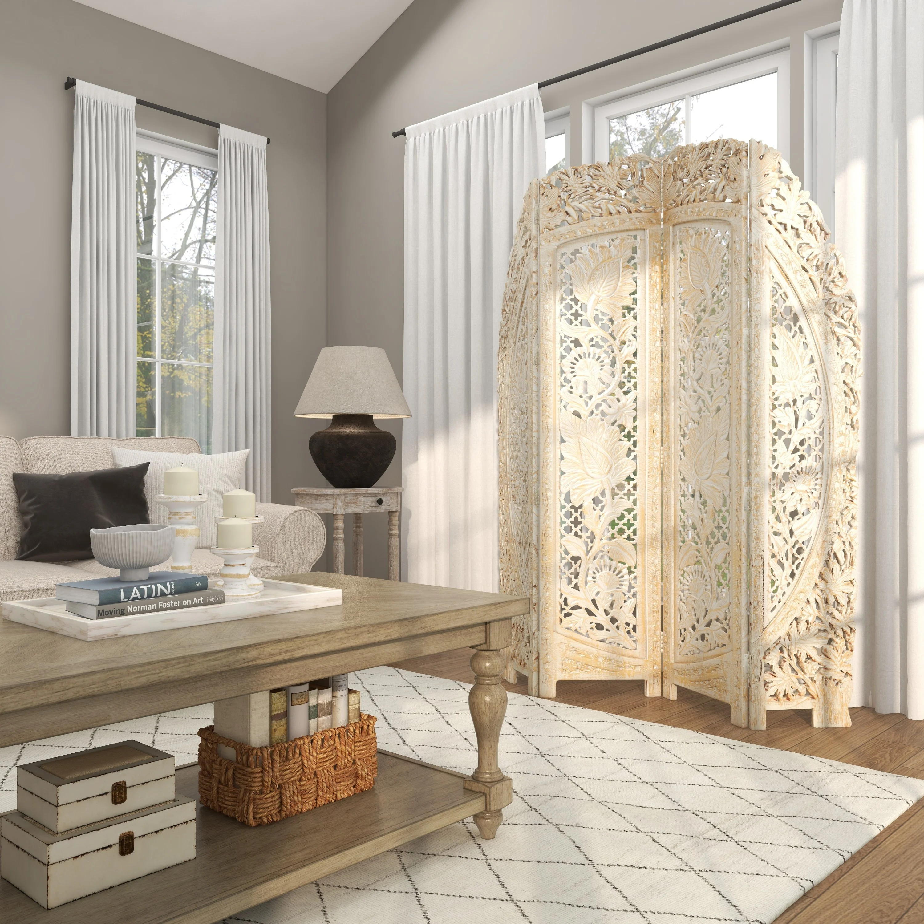 DecMode 60" x 72" White Wood Floral Handmade Foldable Arched Partition 4 Panel Room Divider Screen with Intricately Carved Designs, 1-Piece