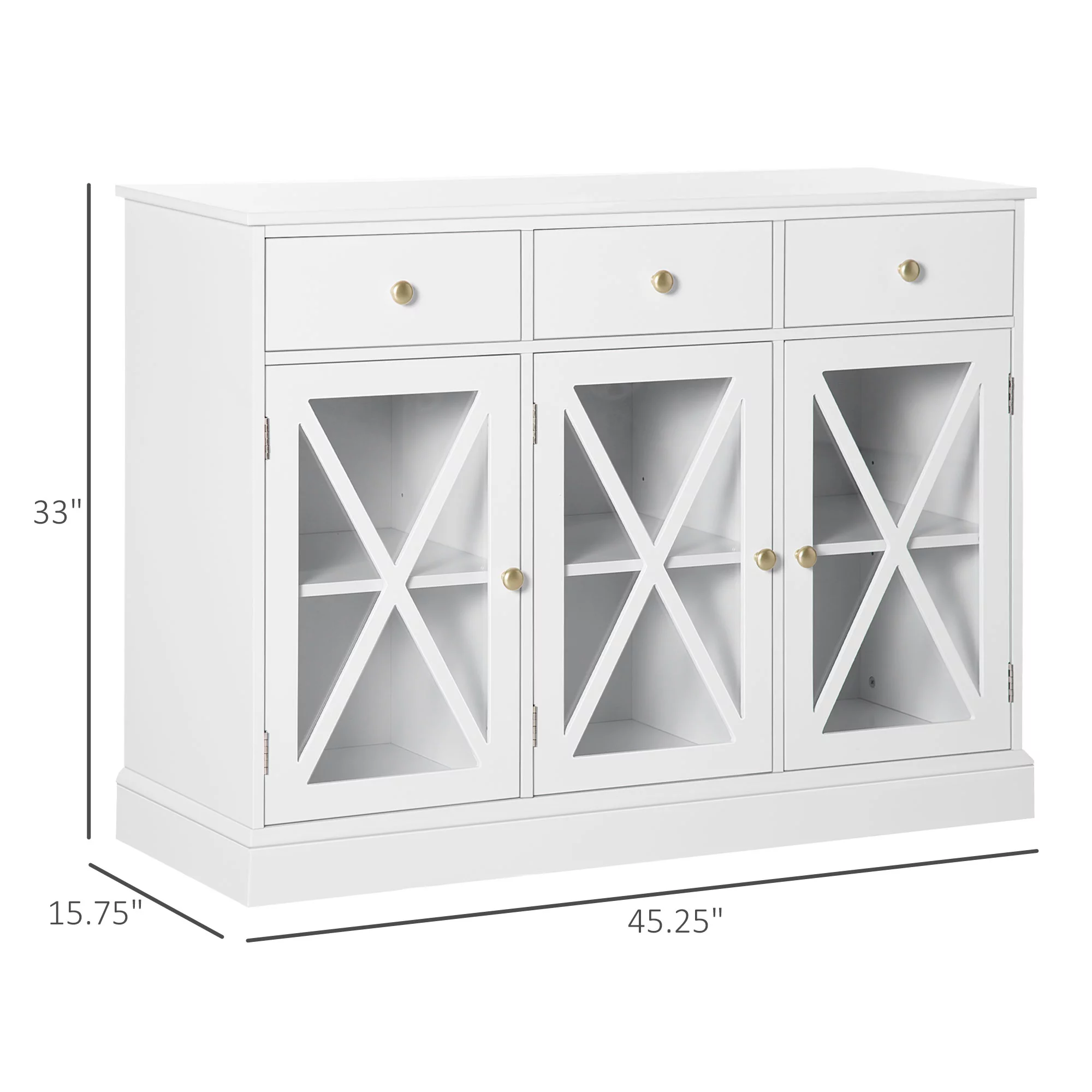 HOMCOM 45" Farmhouse Sideboard Buffet Cabinet with Glass Doors and 3 Drawers, White