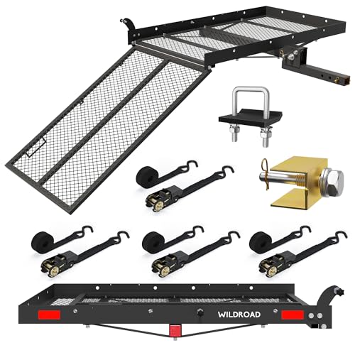 WILDROAD Hitch Cargo Carrier with Ramp 50" x 29" x 4" 500 LBS Folding Trailer Hitch Cargo Carrier Fits 2" Receiver with Hitch Stabilizer and 4pcs