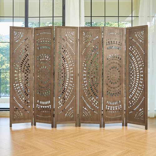 66.9Inch Folding Room Divider, 6 Panels Wood Carved Privacy Screens