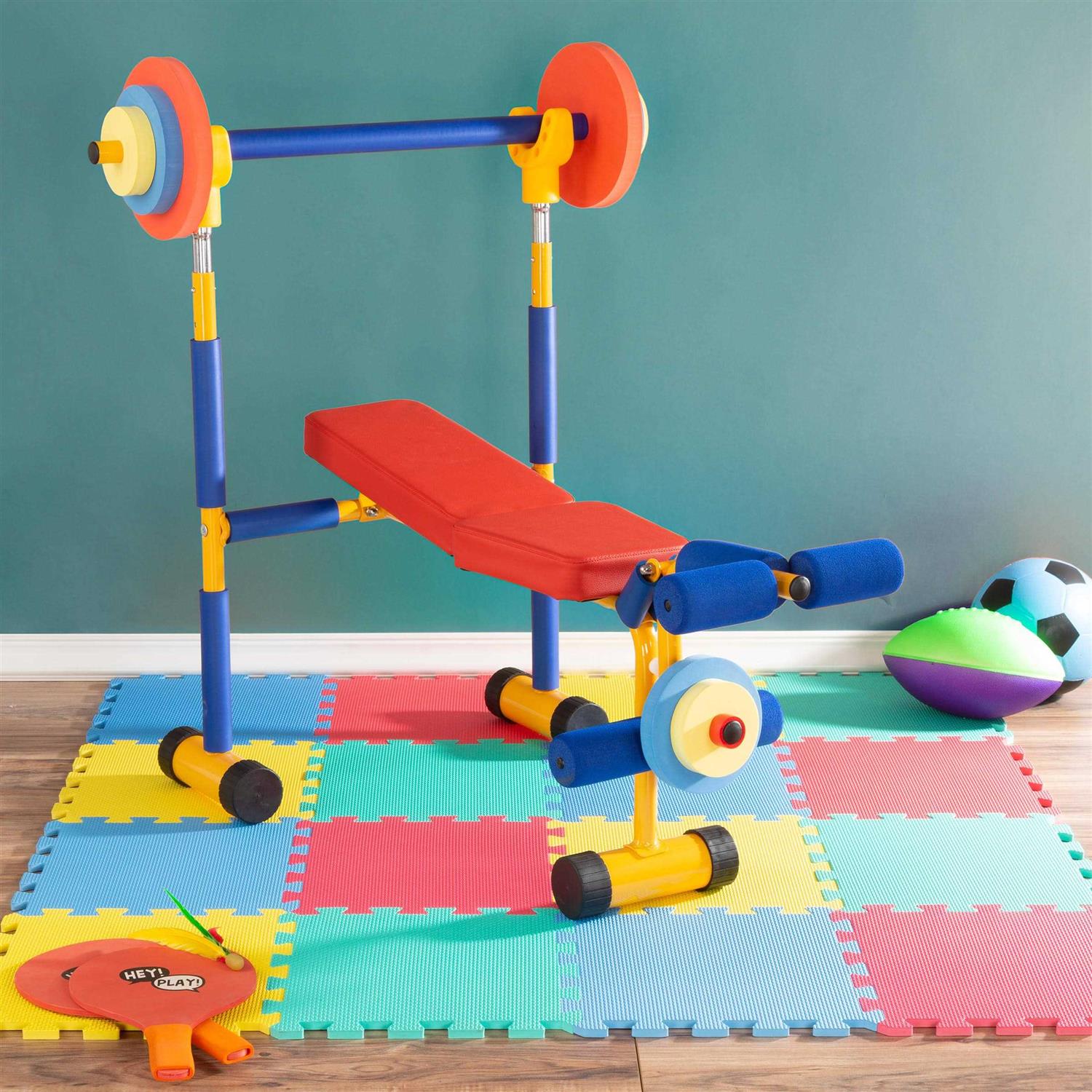 Hey! Play! Kids Weight Bench Set Toddler Gym for Beginner Exercises and Weightlifting with Leg Press and Barbell - Sports Supplies Online Store