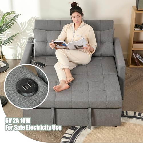 52" Sleeper Sofa with Pull-Out Bed, 3-in-1 Convertible Sofa Bed, Loveseat with Stepless Adjustable Backrest and Side Pocket