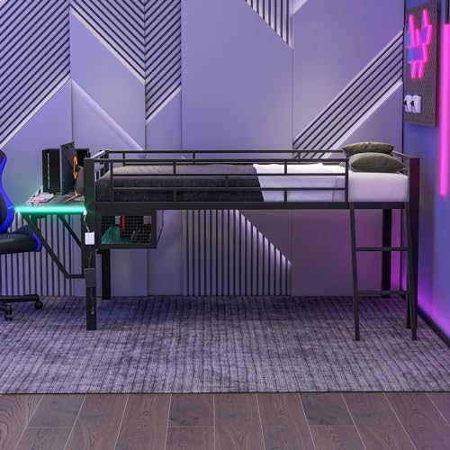 Gaming Bed with Desk,Wardrobe,Ample Storage Space,and RGB LED Light, Full Size Wood Loft Bed for Kids Bedroom (Cloud Blue/K)