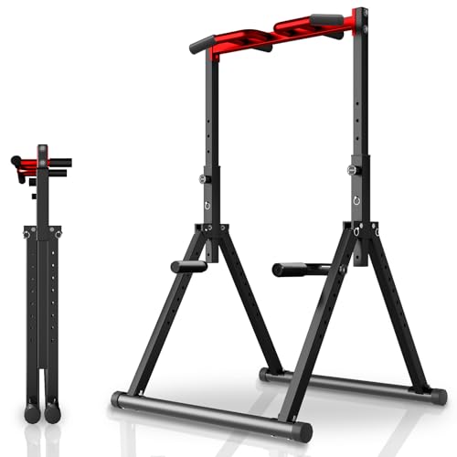 Power Tower Pull Up Dip Station Foldable, Pull Up Bar Station Adjustable, Multi-Function Home Gym, Strength Training Fitness Equipment