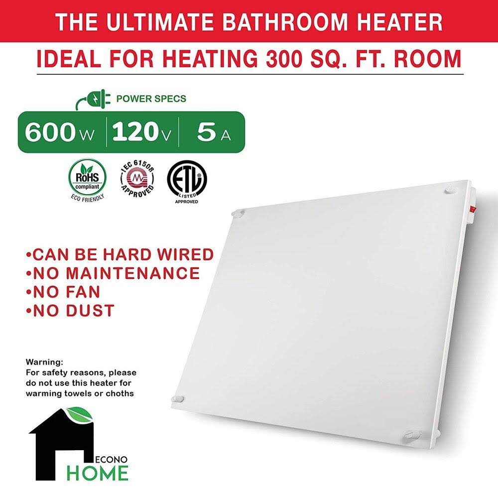 EconoHome Wall Mount Space Heater Panel - with Thermostat - 600 Watt Convection Heater - Ideal for 200 Sq ft Room - 120V Electri
