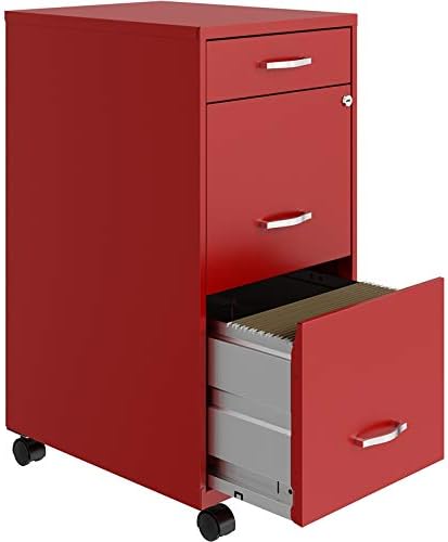 Space Solutions 3 Drawer Metal Mobile File Cabinet with Lock, Letter Size, Red, Partially Assembled