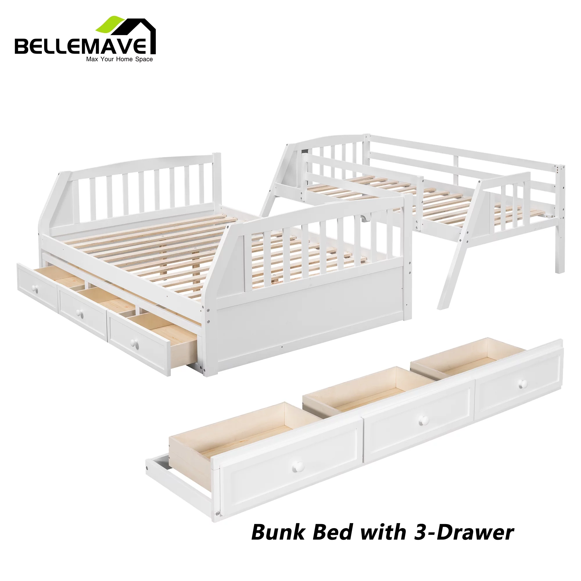 BELLEMAVE Twin over Full Bunk Bed with there drawer, bulid in ladder and storage stairs, Convertible into 2 beds