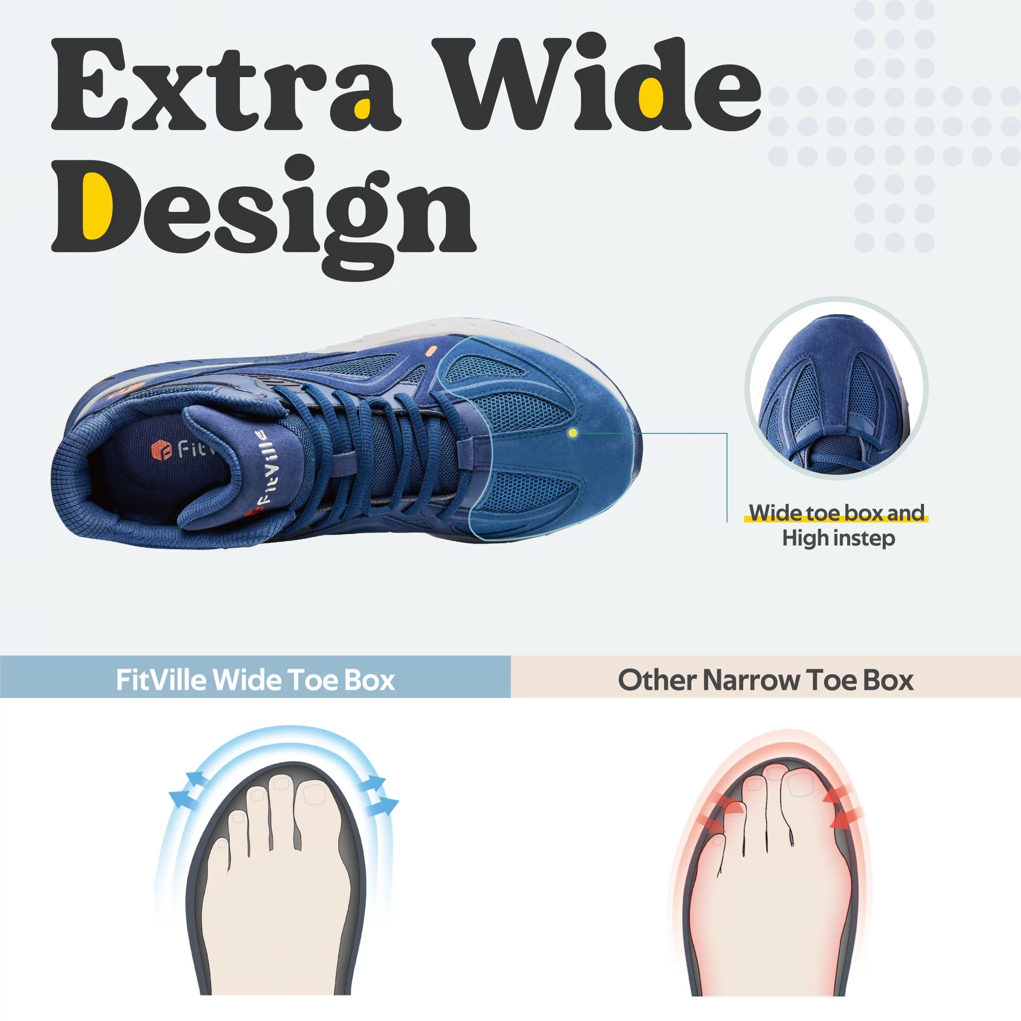 FitVille Women's Wide Sneakers High-top Basketball Shoes Supportive Walking Shoes with Extra Wide Toe Box for Flat Feet (Blue, 6 X-Wide)
