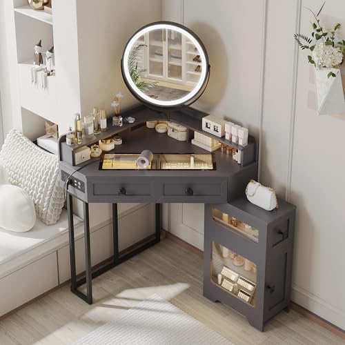 Corner Vanity Desk with Mirror and Lights, Modern Makeup Vanity with Charging Station & Human Sensor Light
