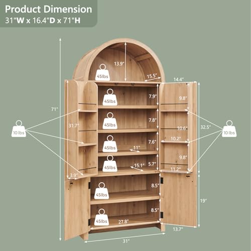 71" Tall Arched Kitchen Pantry, Modern Fluted Wood Storage Cabinet with Doors, 3 Adjustable Shelves, 6 Door Shelves, Organizer