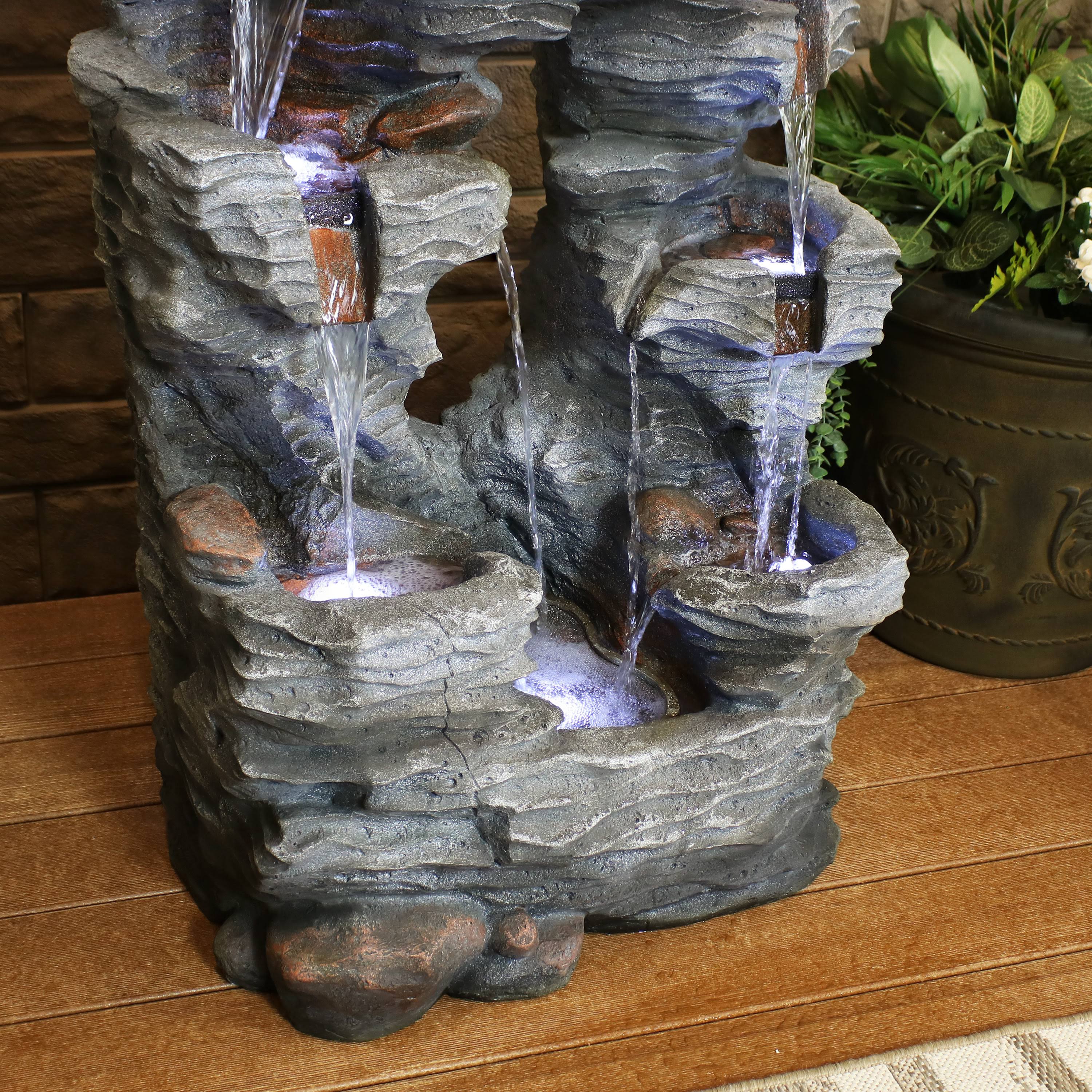Sunnydaze Decor Dual Cascading Rock Falls 39x22 Water Fountain with LED Lights