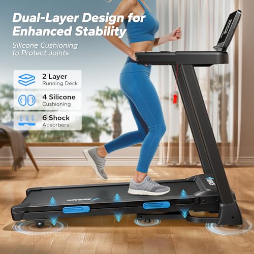 MERACH Foldable Treadmill with Incline, 7.5MPH Quiet Treadmills for Home with Double Deck Technology, 4 Silicone Shock Cushion, Heart Rate Monitoring