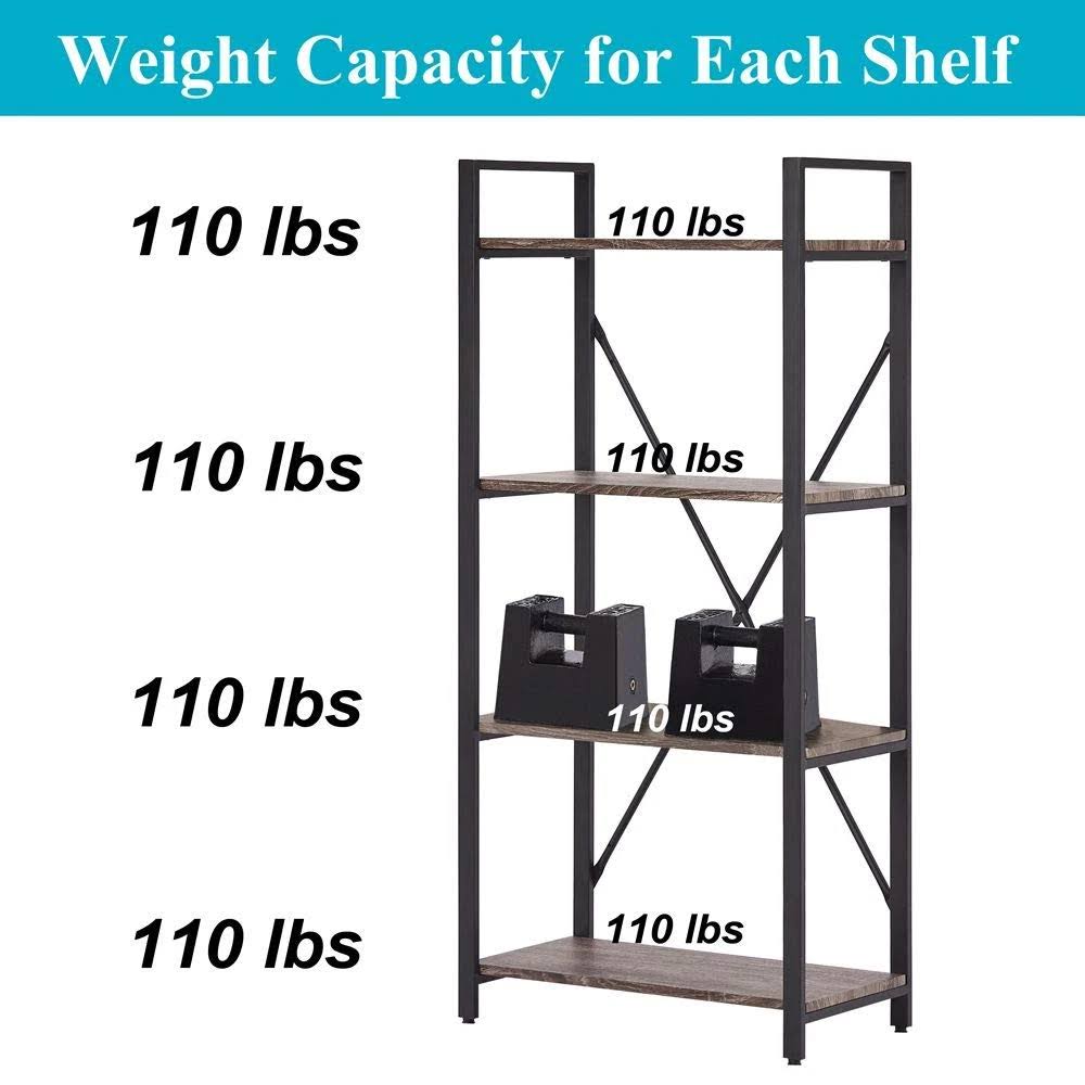 Bon Augure 4-Shelf Open Narrow Bookshelf, Vintage Industrial Bookcase, Rustic Wood and Metal Shelf, Dark Oak