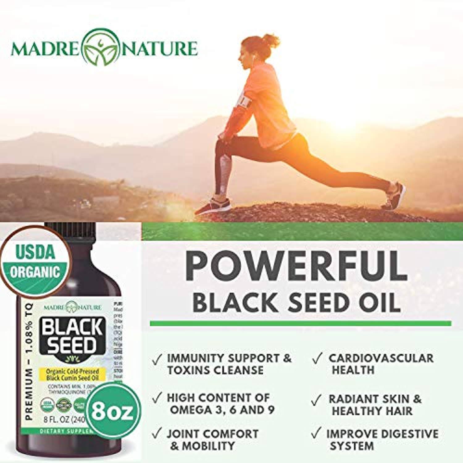Madre Nature USDA Organic Premium Black Seed Oil Glass Bottle 16 O
