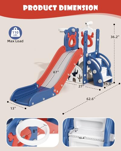 XJD 5 in 1 Toddler Slide, Kids Slide for Toddlers Age 1-3, Outdoor Indoor Playset for Toddlers with Basketball Hoop and Ball