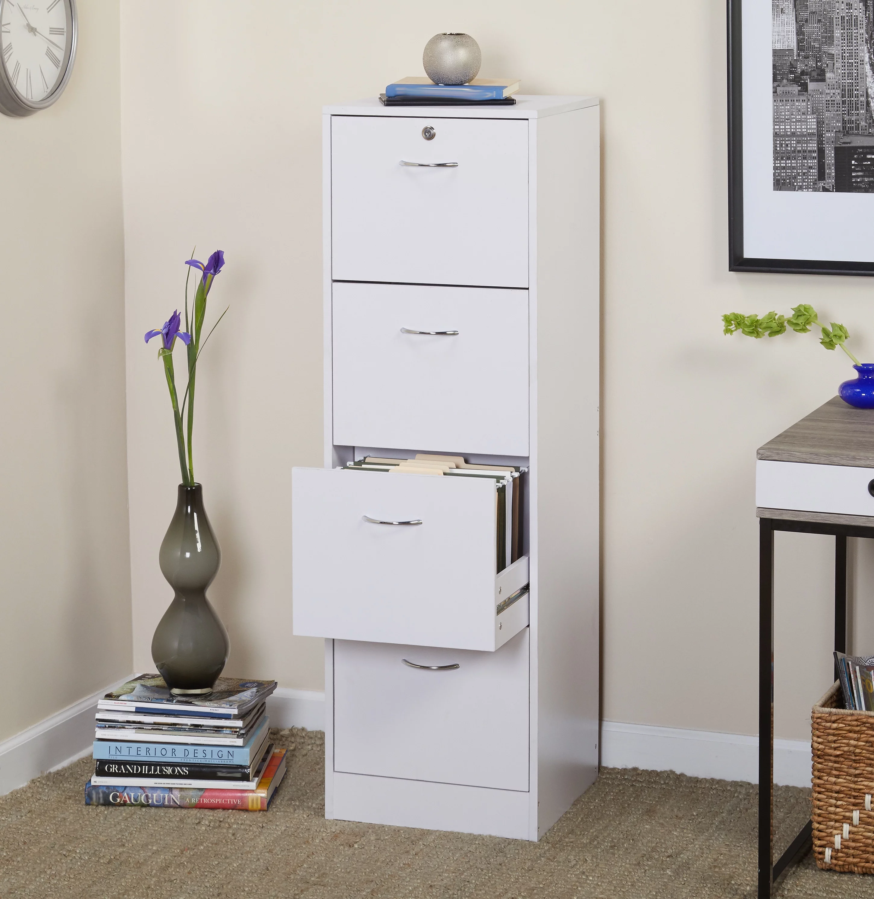 Wilson 4 Drawer Wood Vertical Lockable Filing Cabinet, White - Radiant Selections