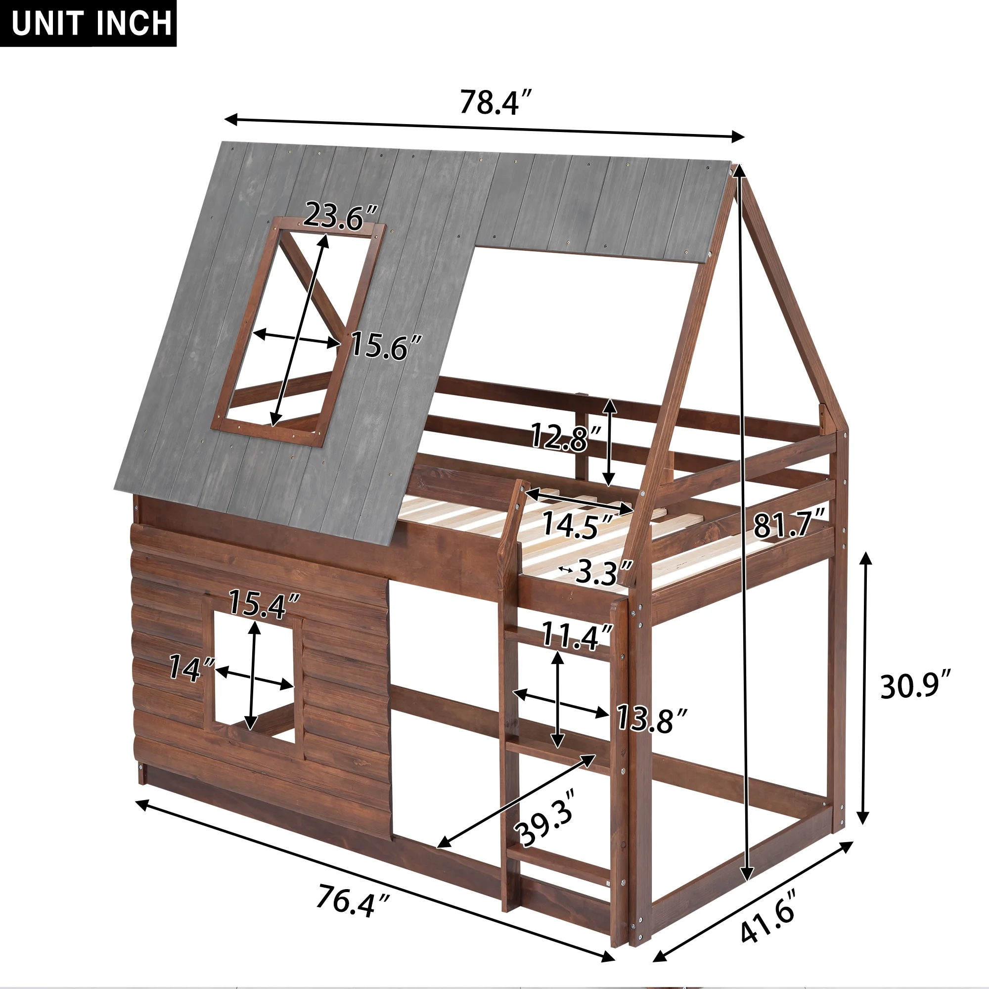 EUROCO Twin over Twin House Bunk Bed with Roof for Kids Bedroom, Grey