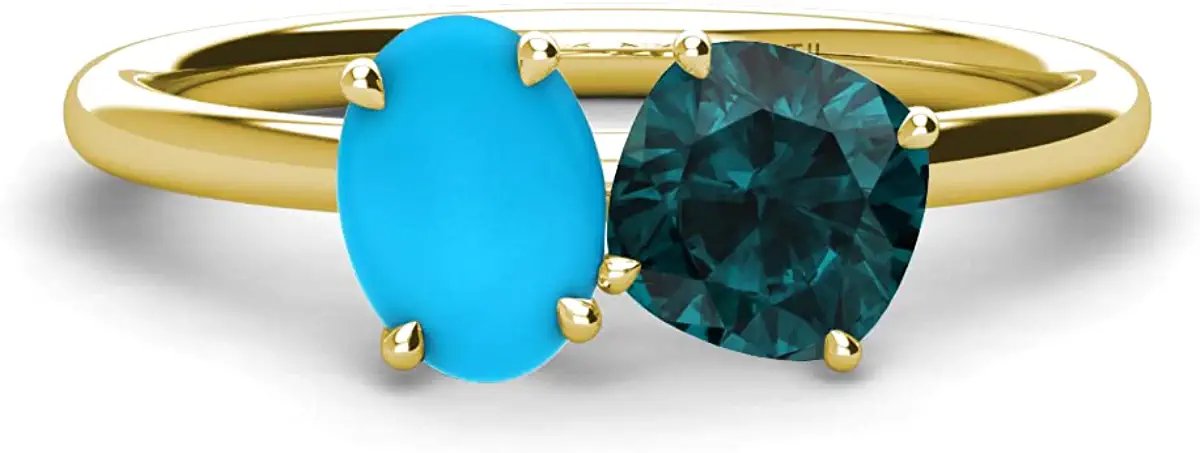 Oval Turquoise & Cushion London Blue Topaz 2 1/3 ctw Four Prong Women 2 Stone Duo Engagement Ring 10K Yellow Gold-6.5