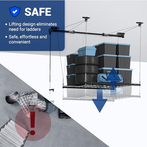 FLEXIMOUNTS Garage Lifting Metal Rack, 4x4 Ft Overhead Garage Storage Racks, Adjustable Heavy-Duty Ceiling Organization System, 300lbs Weight