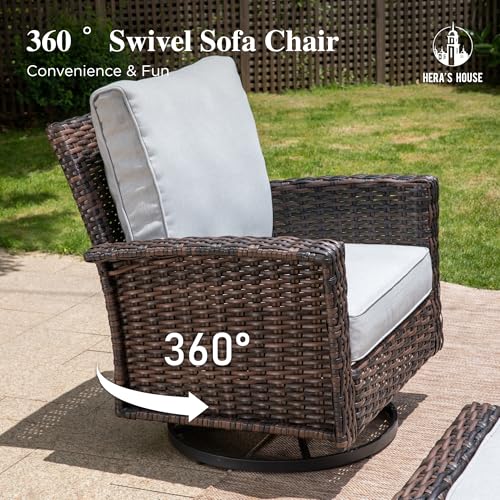 HERA'S HOUSE High Back Patio Furniture Set with Swivel Chairs, Outdoor Wicker Conversation Sets with 5.5" Comfy Cushions, 4 Piece Outside Sofa Sets