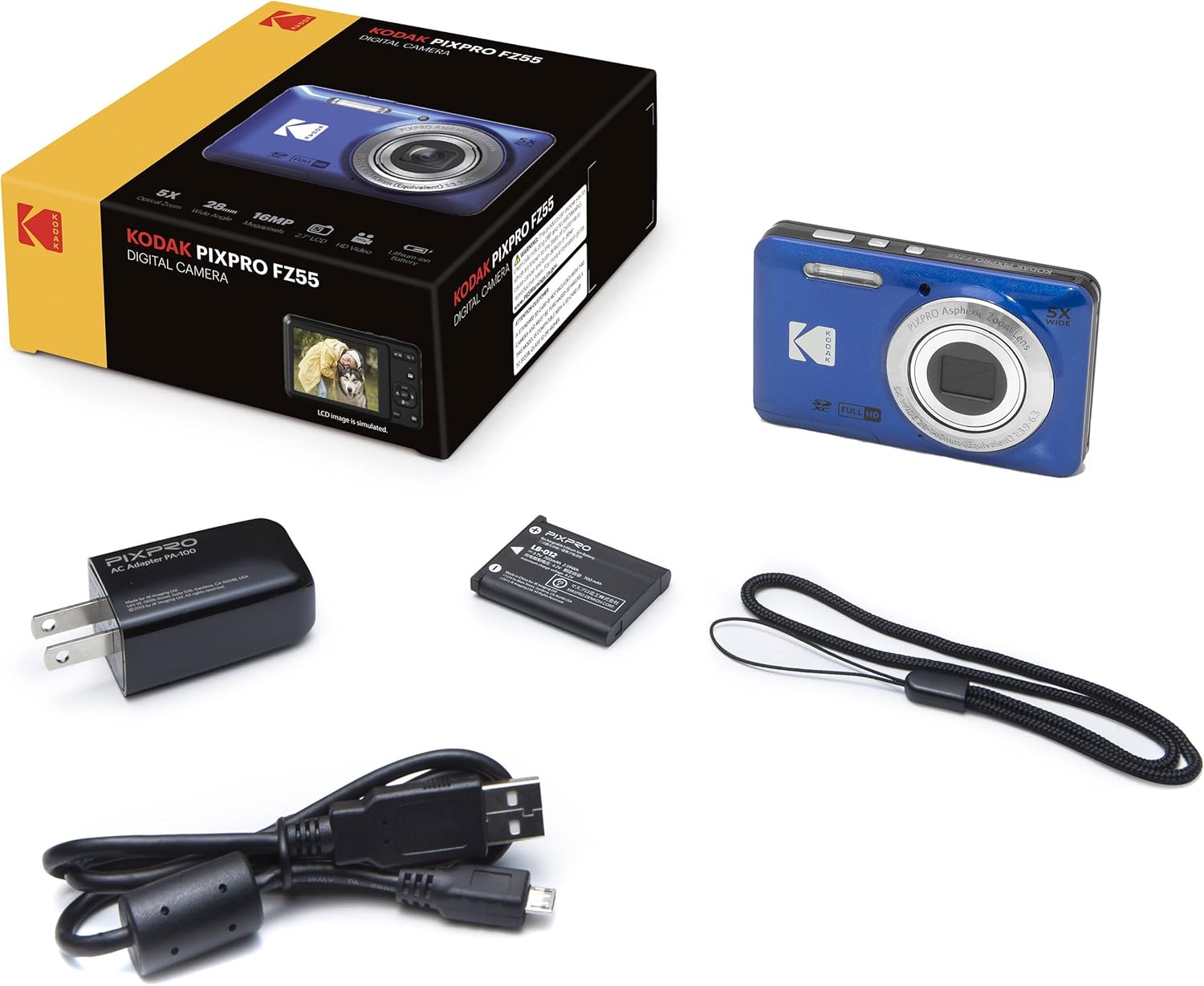 Kodak PIXPRO FZ55 Blue 16MP Digital Camera 5X Optical Zoom 28mm Wide Angle 1080P Full HD Video 2.7" LCD Camera + 64GB Card and Reader + Case + Memory